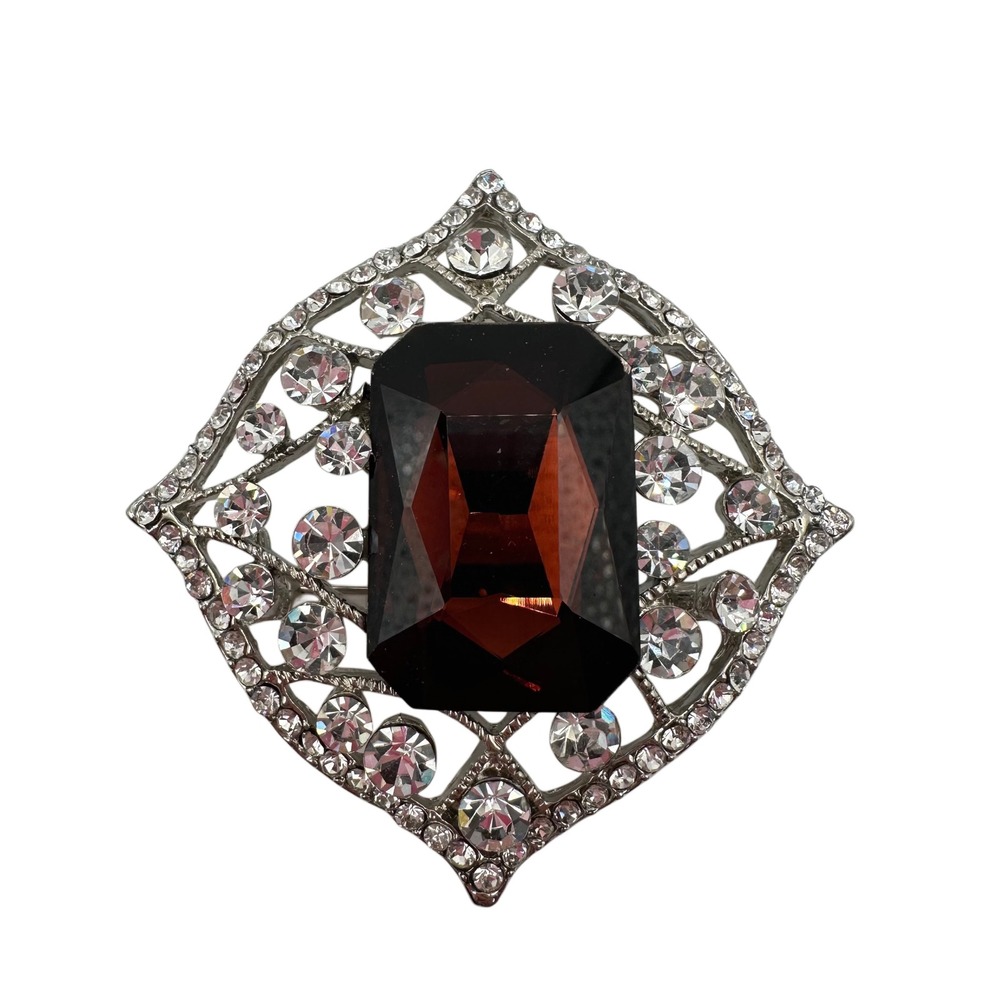 Vtg Cara NY Smoked Topaz Glass Rhinestone Statement Brooch Silver Tone Art Deco